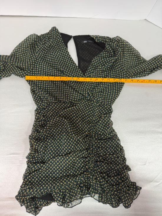 ZARA Green Floral Ruched Dress Mini Puff Sleeve Size S - Picture 6 of 9